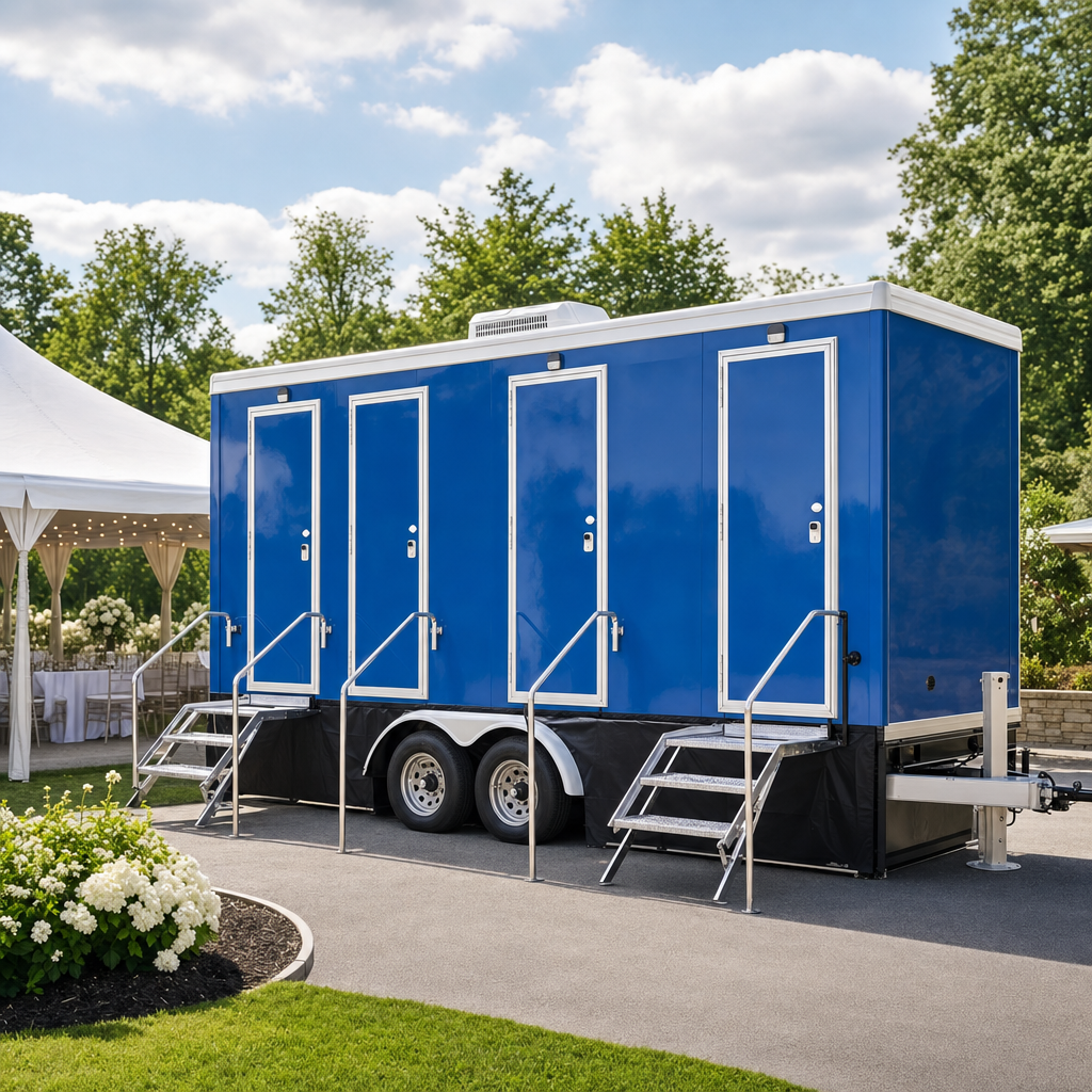 White multi-stall luxury restroom trailer parked on level pavement at an outdoor wedding venue