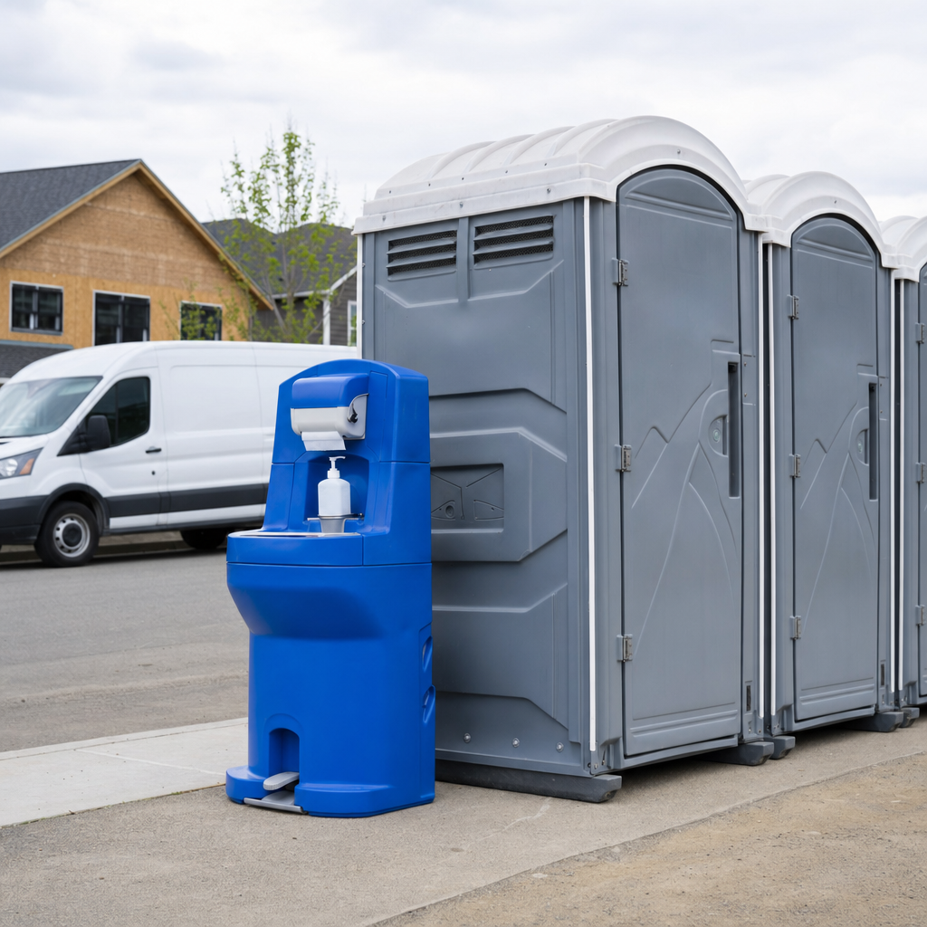 Freestanding portable hand washing station with foot pump positioned next to a row of porta potties