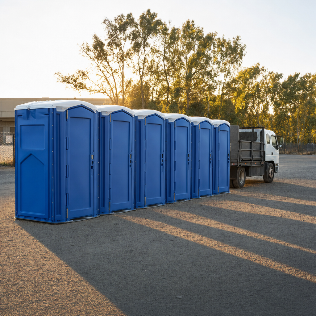 Row of staged portable toilets at dusk on a finished jobsite, ready for the next delivery