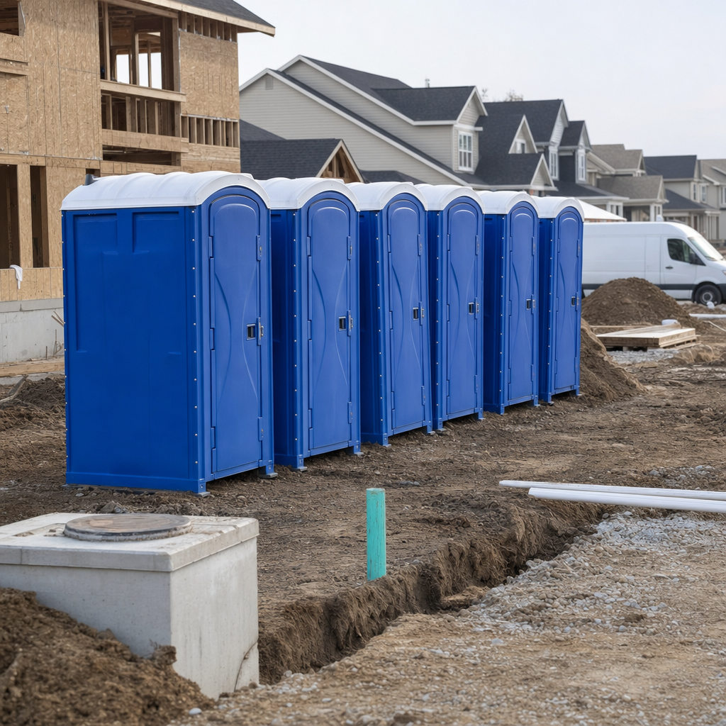 Row of clean royal blue portable toilets staged on a construction jobsite at sunrise