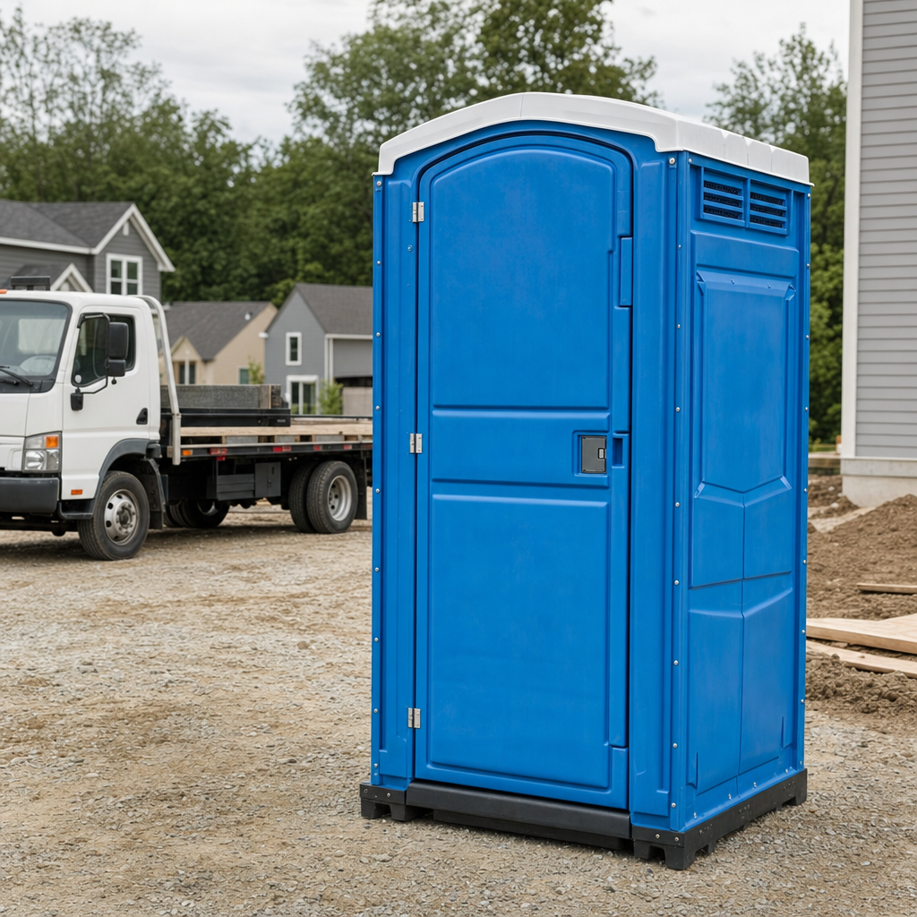 Delivery driver positioning a clean royal-blue portable toilet on level ground at a Richmond worksite
