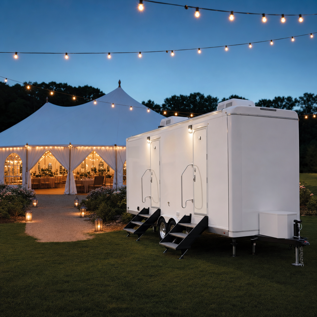 restroom trailer parked behind a wedding reception tent at dusk